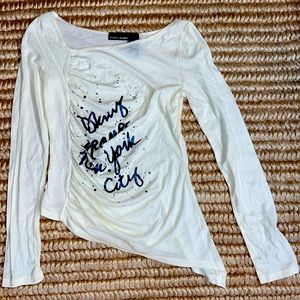 DKNY Jeans sheered printed fine Cotten rhinestone high low boatneck T-shirt